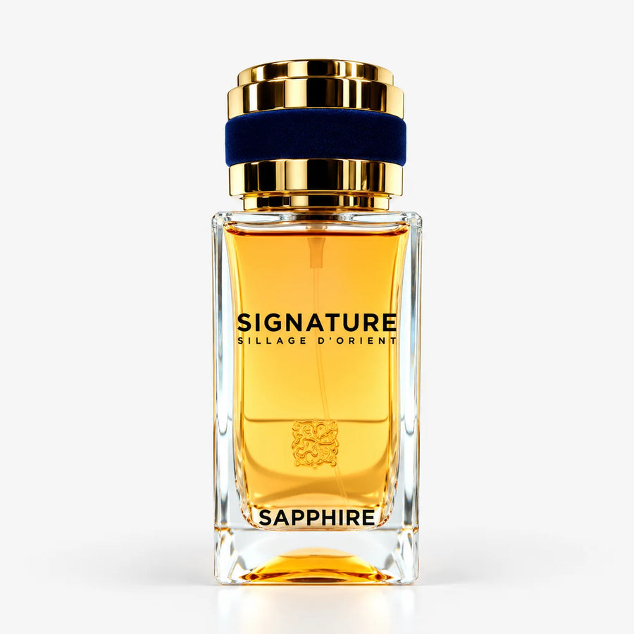 Signature Sapphire Eau De Parfum 100ml+15ml+Funnel (UNISEX) – amber glass bottle with navy collar, front view