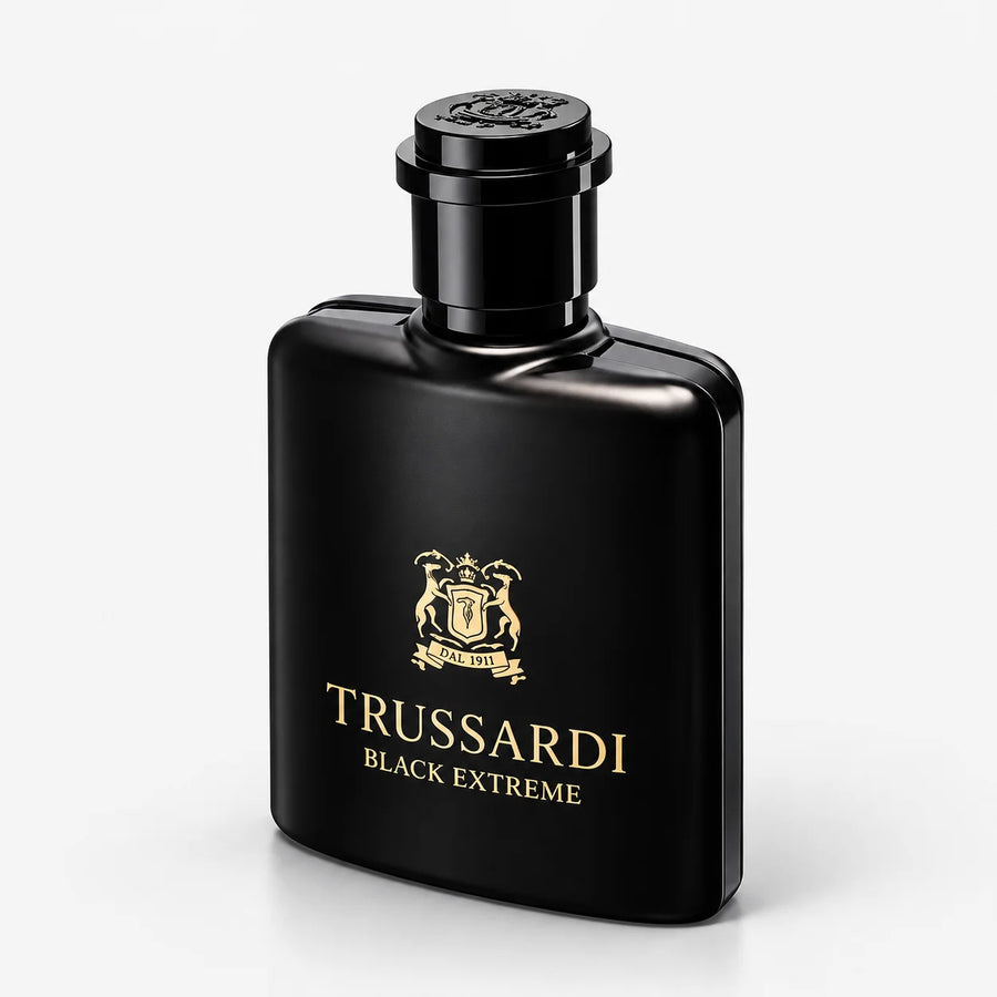 Trussardi Black Extreme Eau de Toilette 7ml Miniature – black bottle, angled view showing the side