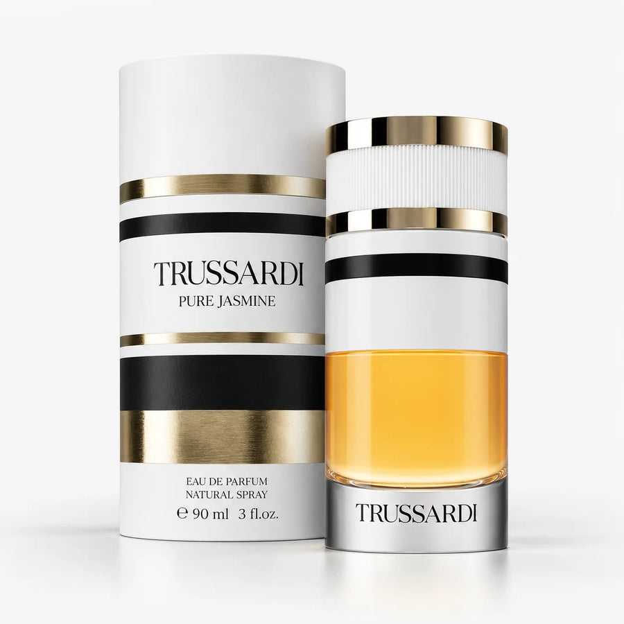 Trussardi Pure Jasmine Eau de Parfum 90ml – 90 ml bottle beside its tube box