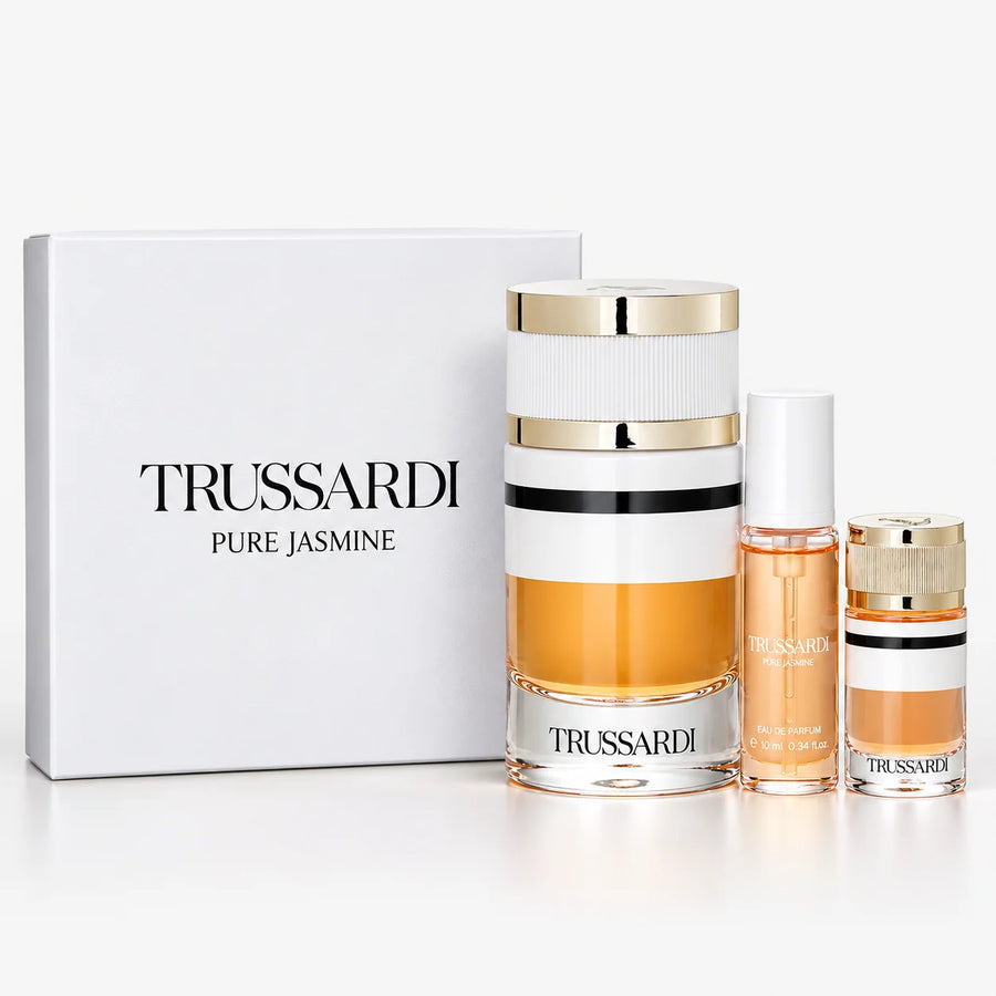 Trussardi Pure Jasmine Lifestyle Mini Gift Set – three bottles beside the white gift box