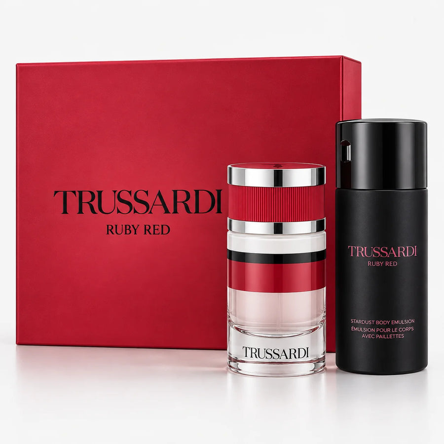 Trussardi Ruby Red Eau de Parfum Gift Set 60ml + Stardust Body Emulsion 125ml – bottle and body emulsion beside the red gift box