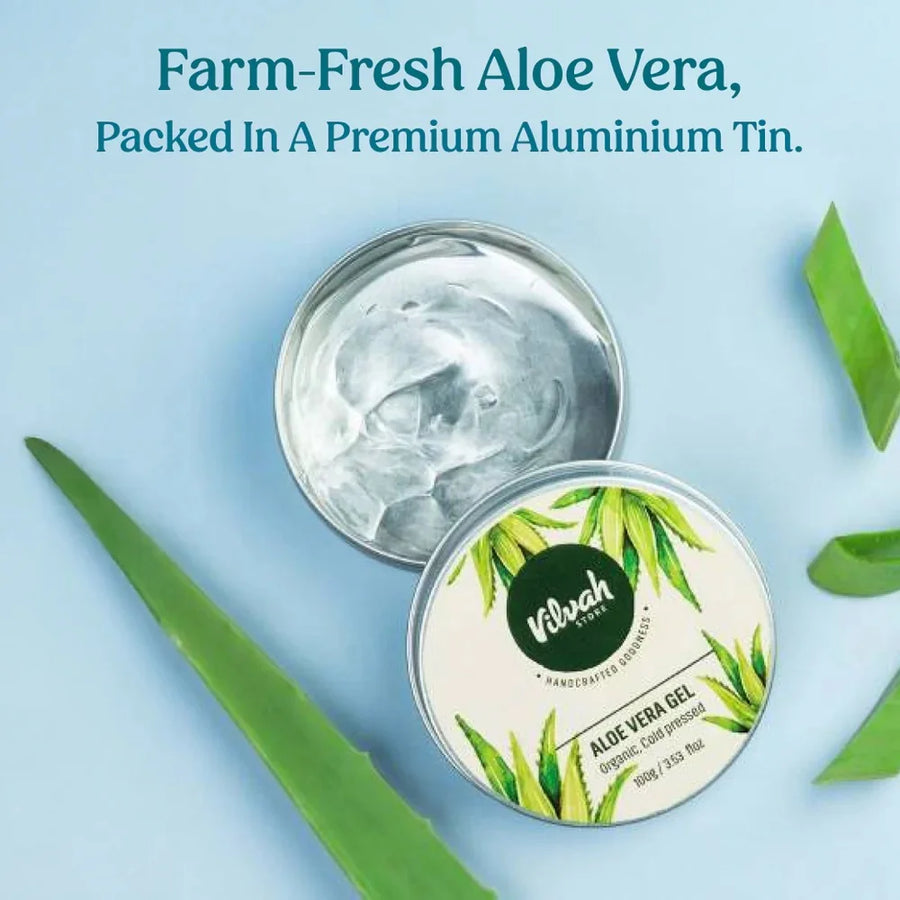 Vilvah Aloe Vera Gel 100ml – open tin with fresh aloe leaves