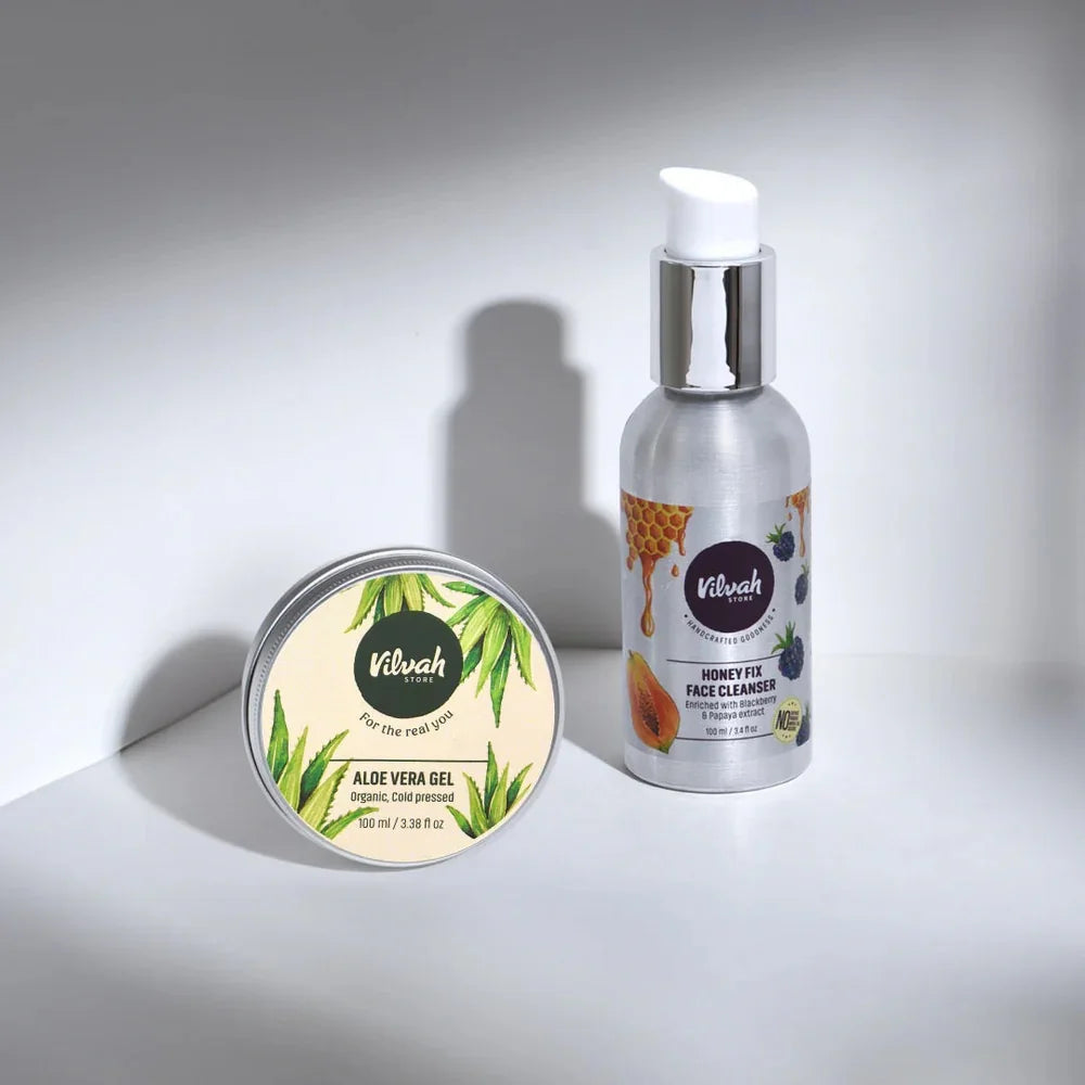Vilvah Anti-Acne Kit – kit contents: Honey Fix Face Cleanser and Aloe Vera Gel tin
