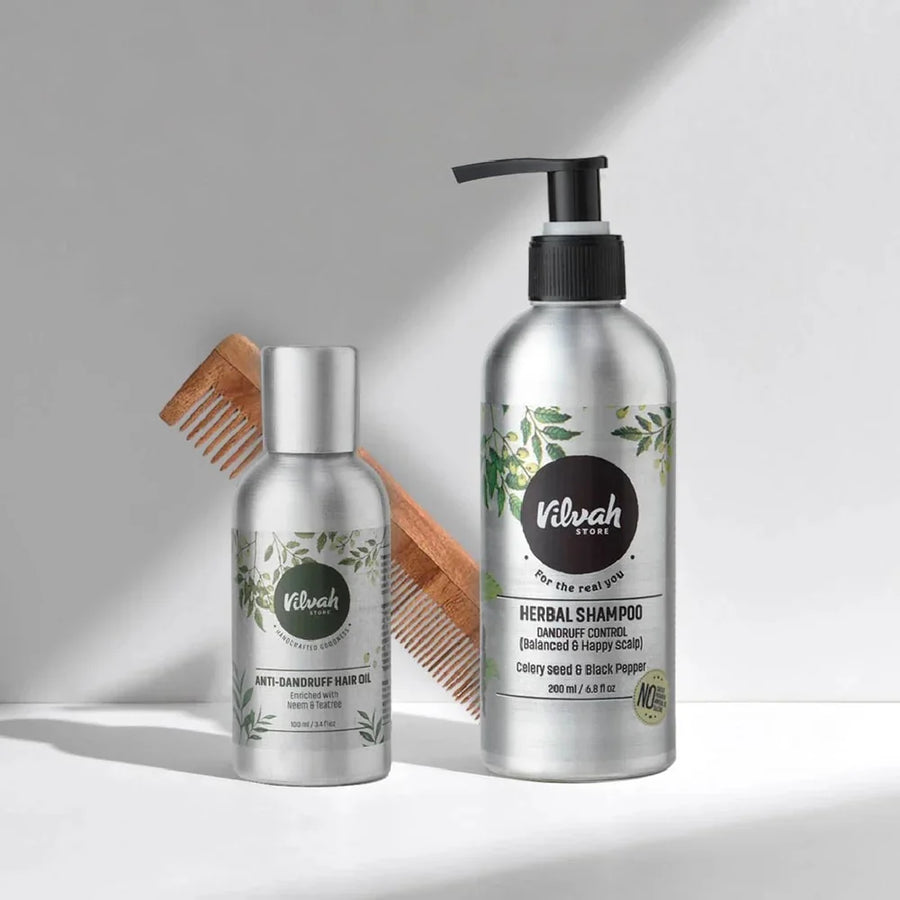Vilvah Anti-Dandruff Haircare Kit – kit contents: Herbal Shampoo, Anti-Dandruff Hair Oil and neem wood comb