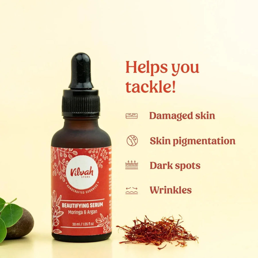 Vilvah Beautifying Serum – Moringa & Argan Oil 30ml – bottle with saffron and concerns list graphic