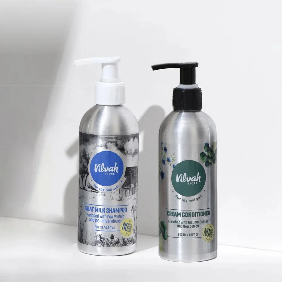 Vilvah Bestseller Hair Kit – kit contents: Goat Milk Shampoo and Cream Conditioner