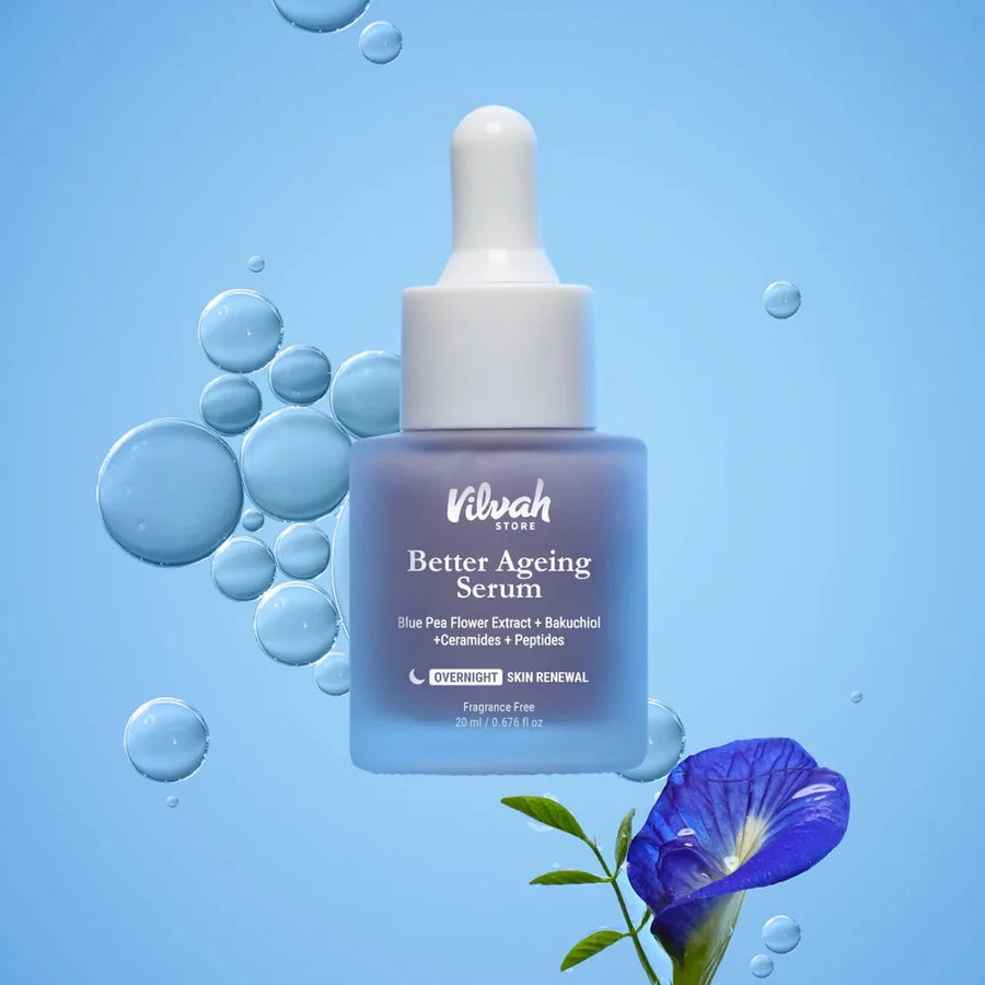 Vilvah Better Ageing Serum 20ml – dropper bottle with water bubbles and blue pea flower