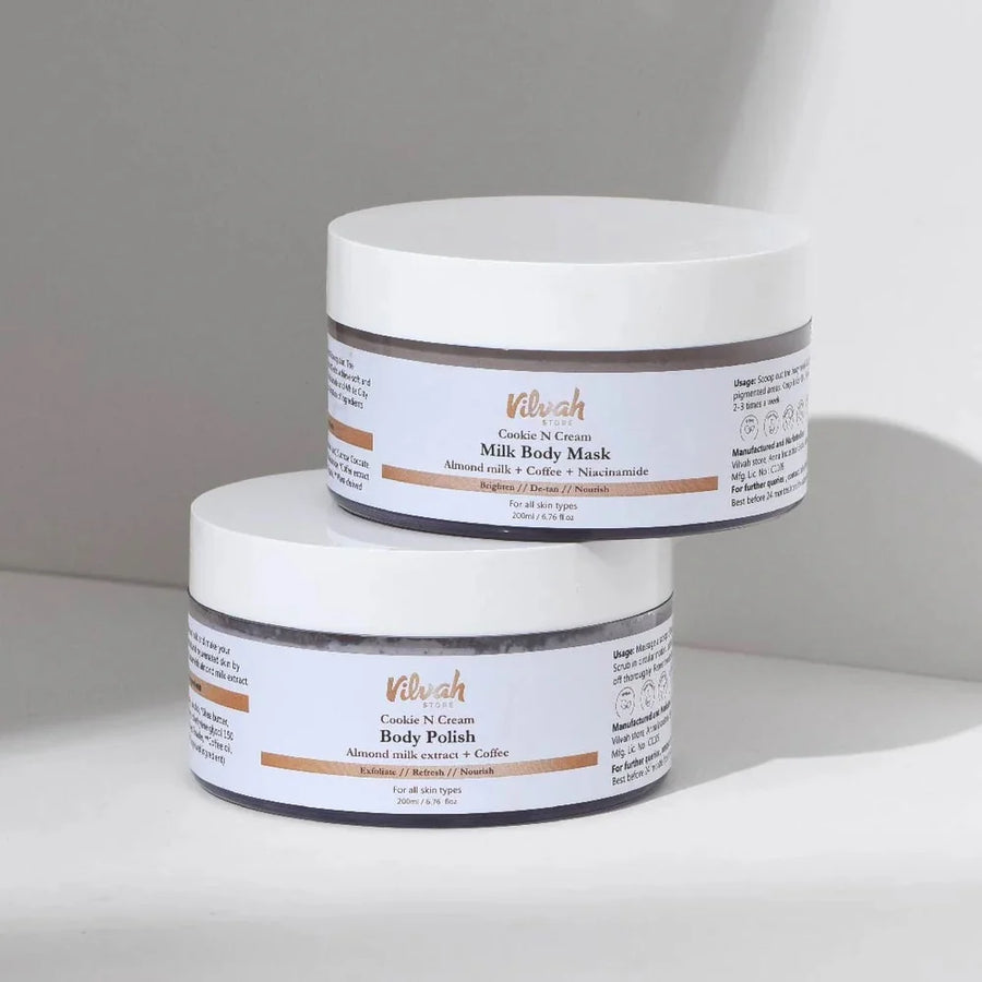 Vilvah Body Polishing Kit – kit contents: Cookie N Cream Body Polish and Milk Body Mask jars