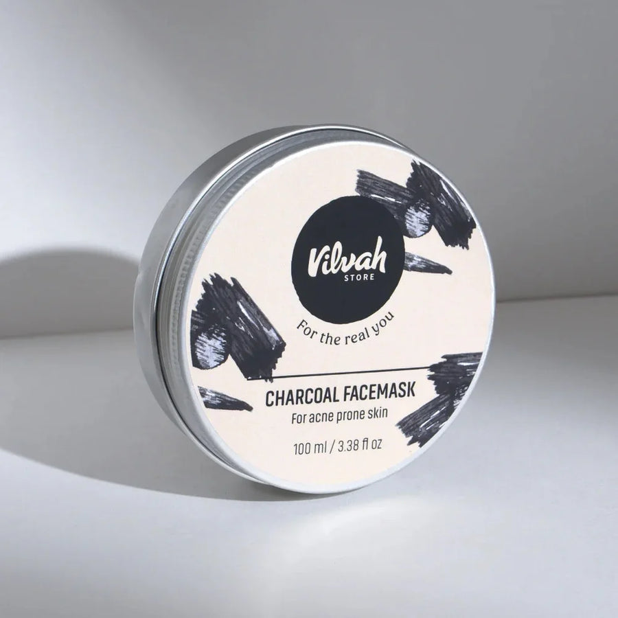 Vilvah Charcoal Face Mask 100ml – round tin with charcoal face mask label on white
