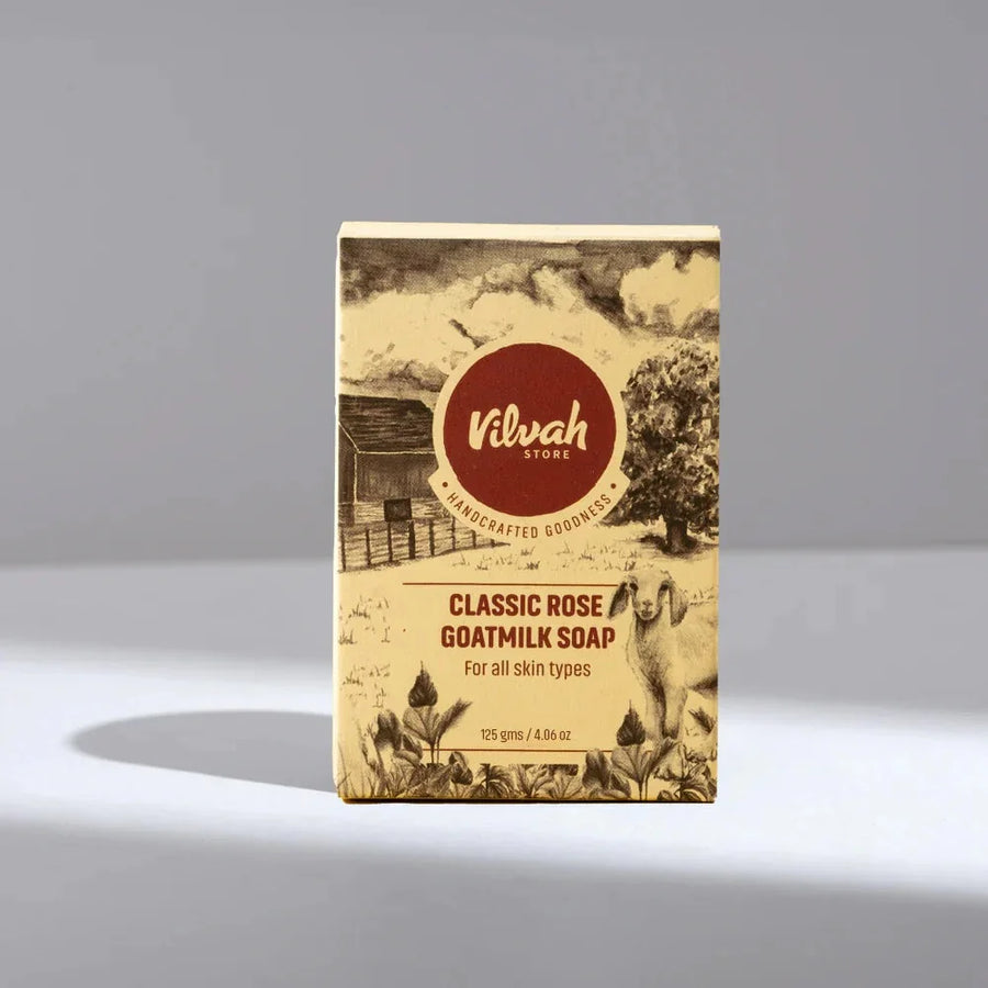 Vilvah Classic Rose Goat Milk Soap Bar 125G – boxed soap bar with vintage farm illustration