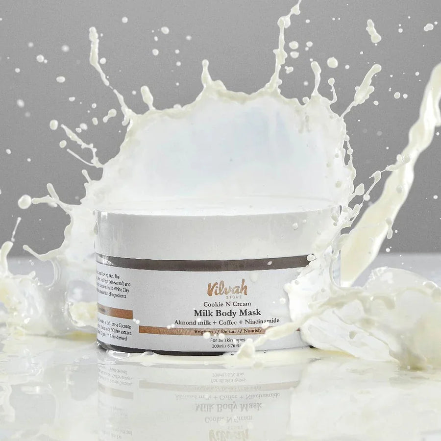 Vilvah Cookie N Cream Body Mask 200ml – jar in a milk splash
