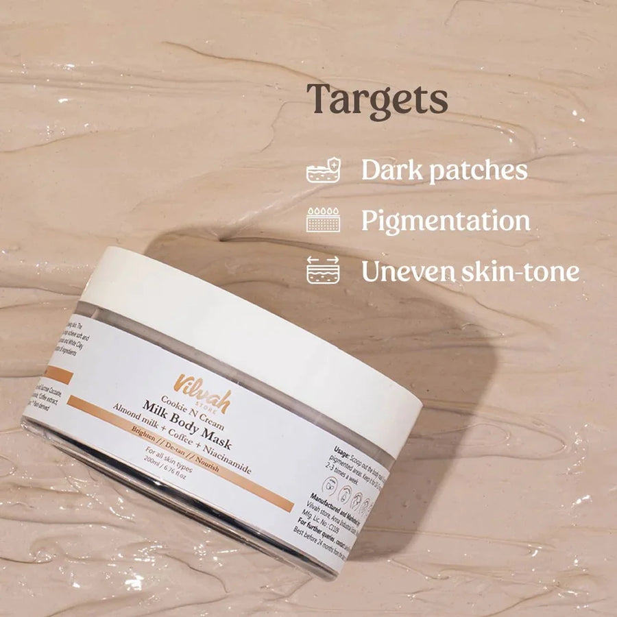 Vilvah Cookie N Cream Body Mask 200ml – jar on a mask swatch with concerns graphic