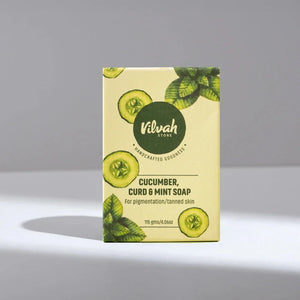 Vilvah Cucumber, Curd & Mint Soap Bar 115G – boxed soap bar on a white surface