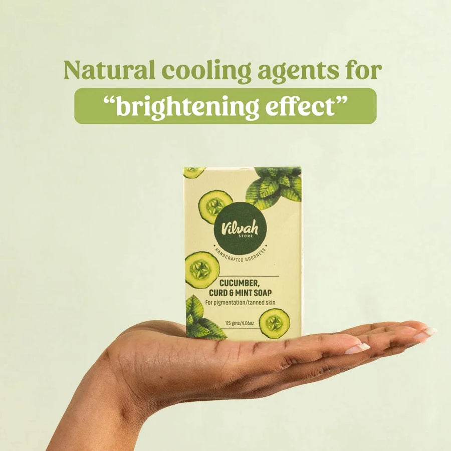 Vilvah Cucumber, Curd & Mint Soap Bar 115G – hand holding the soap box, natural cooling ingredients