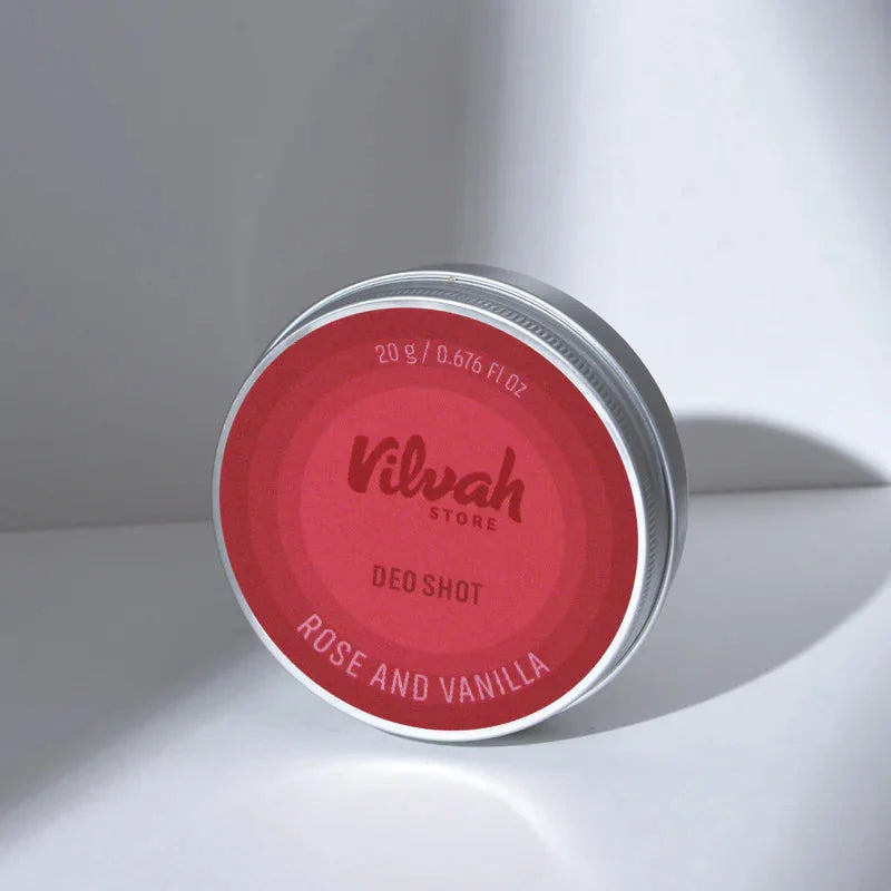 Vilvah Deo Shot Rose & Vanilla 20g – round tin with pink Rose and Vanilla label on white