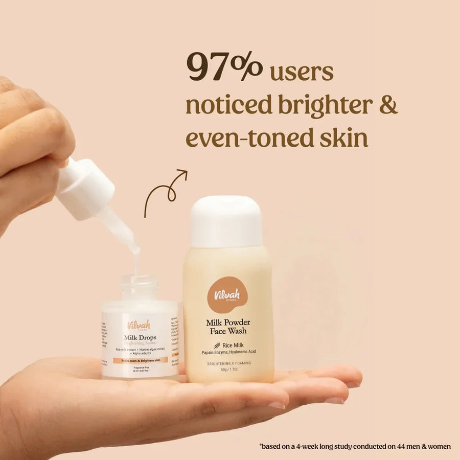 Vilvah Face Brightening Kit – hand holding both products with user survey result