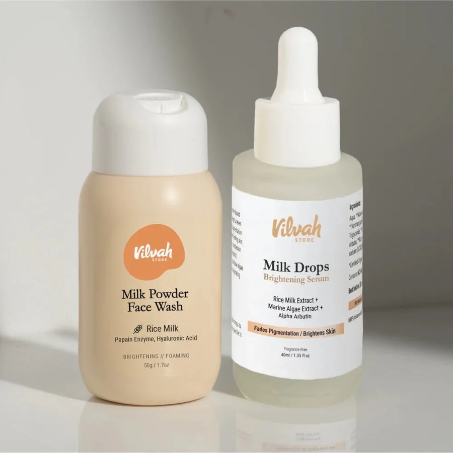 Vilvah Face Brightening Kit Large – kit contents: Milk Powder Face Wash and Milk Drops Brightening Serum