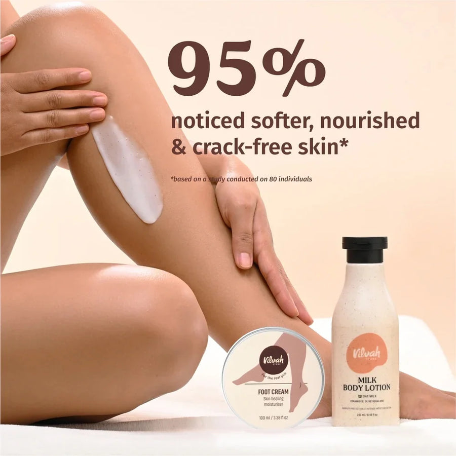 Vilvah Foot Cream & Body Lotion Kit – model applying lotion to her leg, with a customer study result