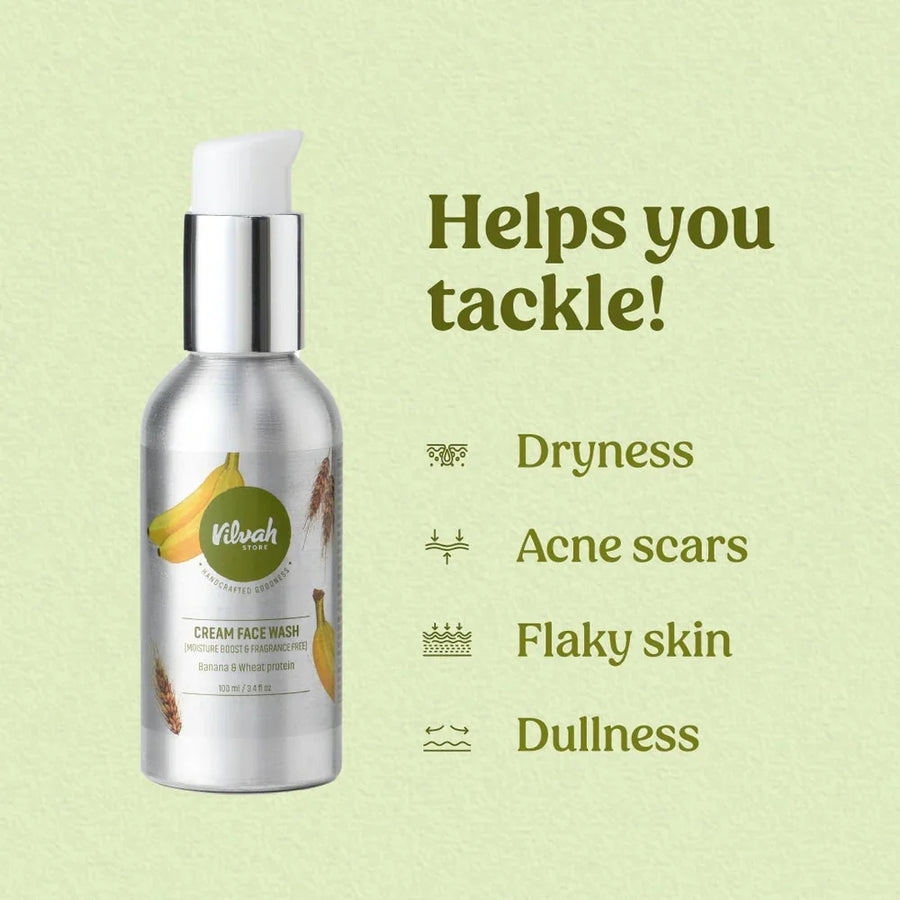 Vilvah Fragrance-Free Cream Face Wash 100ml – bottle with what it helps with: dryness, flaky skin, dullness
