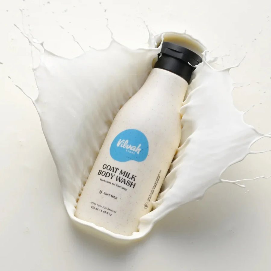 Vilvah Goat Milk Body Wash 200ml – bottle in a splash of goat milk