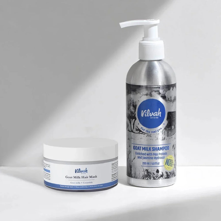 Vilvah Goat Milk Hair Kit – kit contents: Goat Milk Shampoo and Goat Milk Hair Mask