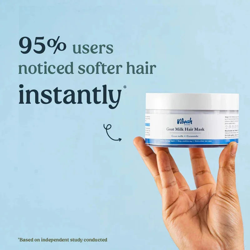 Vilvah Goat Milk Hair Mask 200g – hand holding the jar, softer hair study result