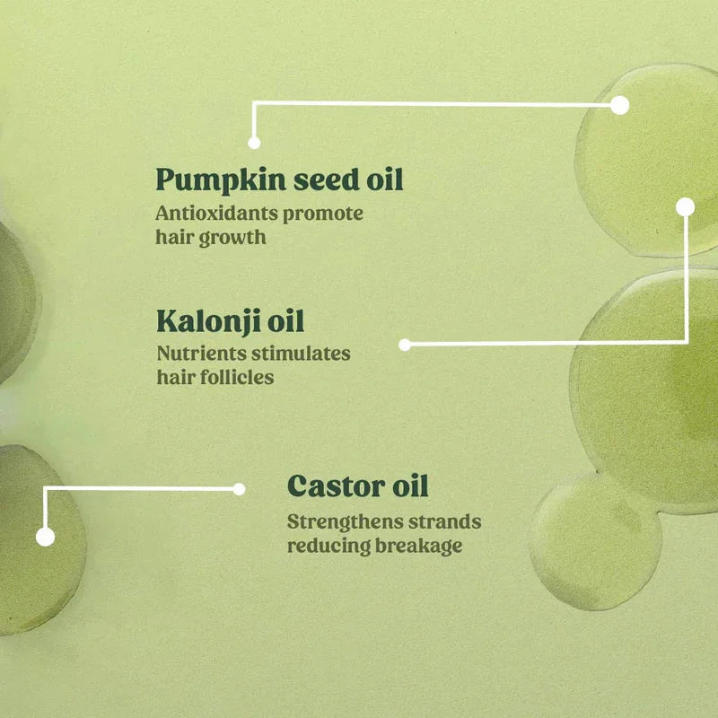 Vilvah Hair Growth Oil – ingredients: pumpkin seed oil, kalonji oil and castor oil