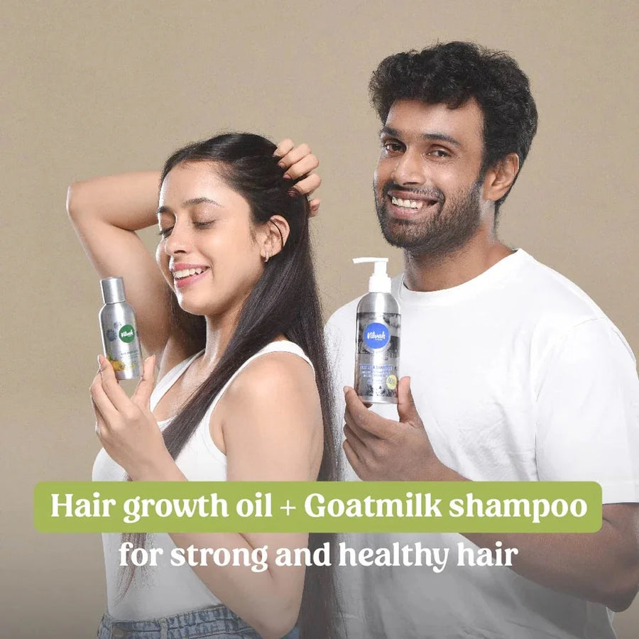 Vilvah Hair Strengthening Kit – two models holding the oil and shampoo
