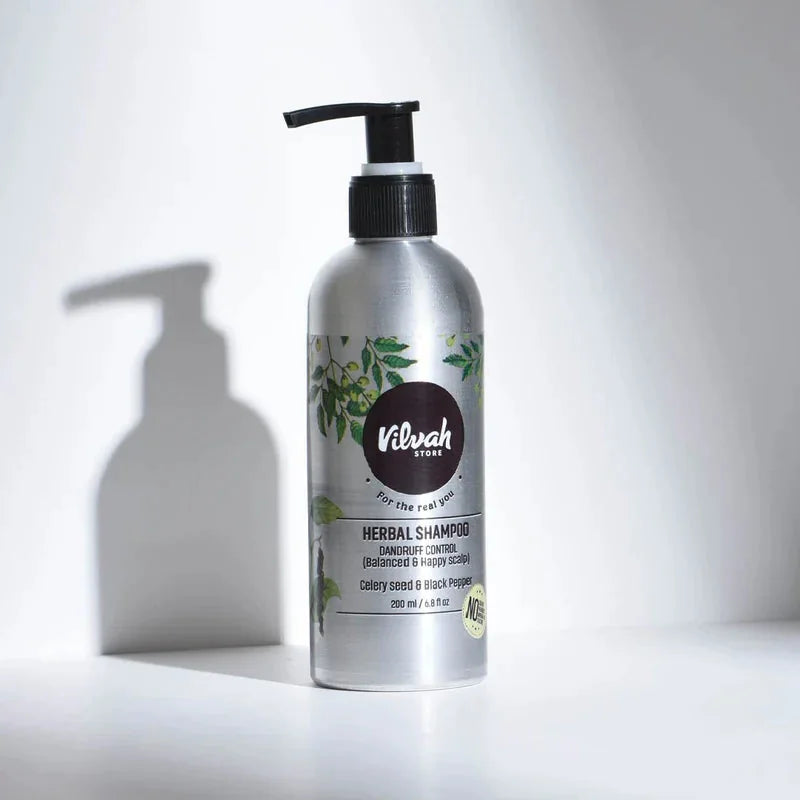 Vilvah Herbal Shampoo for Dandruff Control – aluminium pump bottle on a white background
