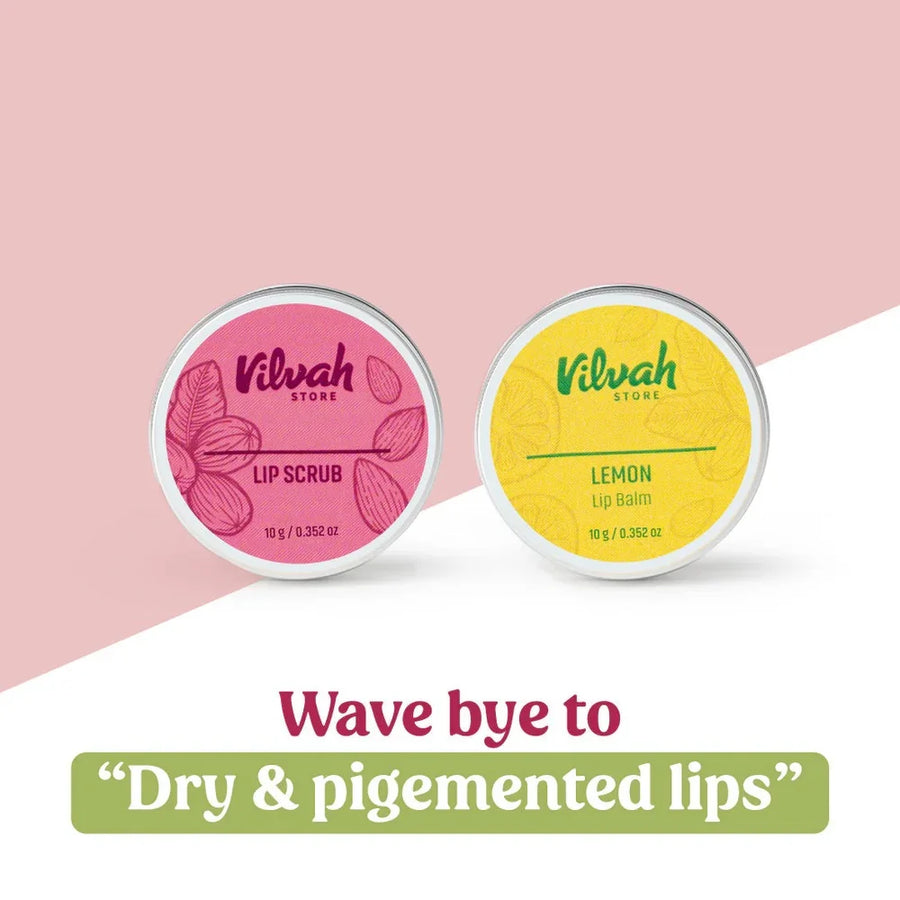 Vilvah Lip Lightening Kit – lip scrub and lemon balm tins on pink