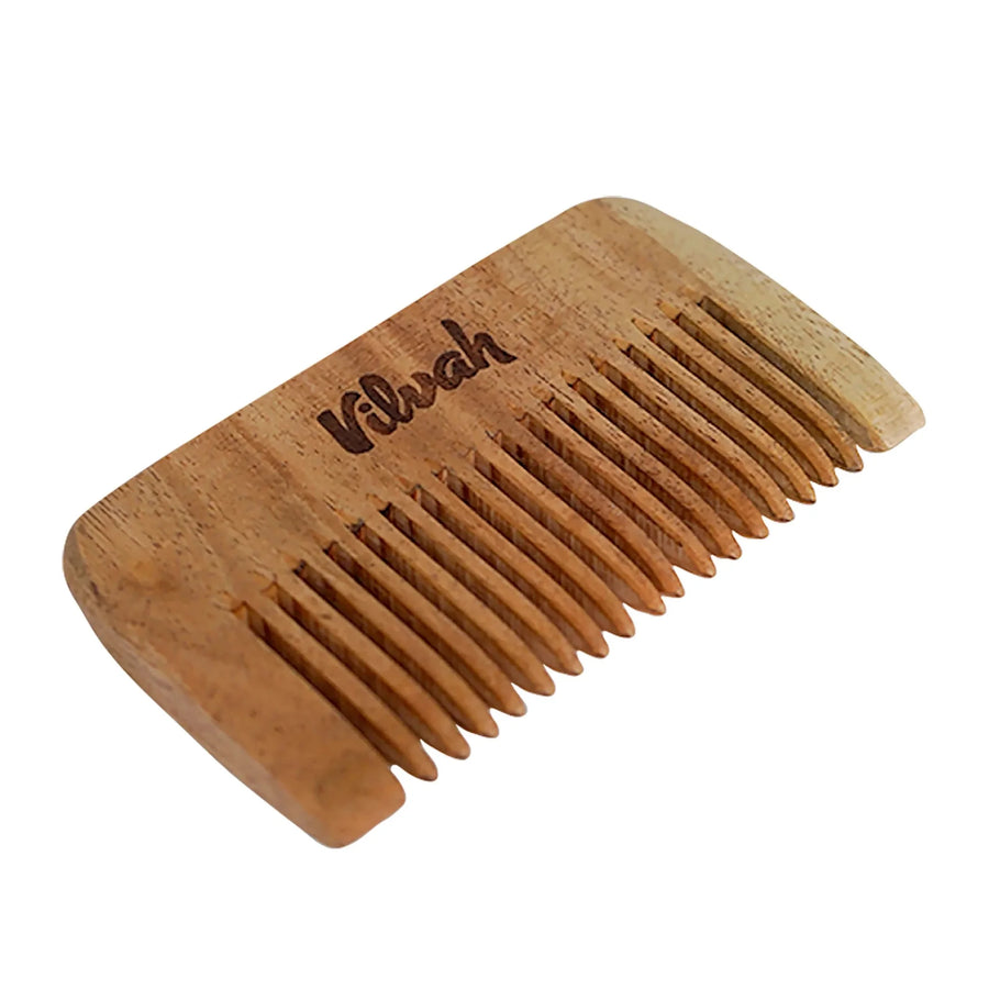 Vilvah Men's Neem Wood Comb – short neem wood comb with engraved logo