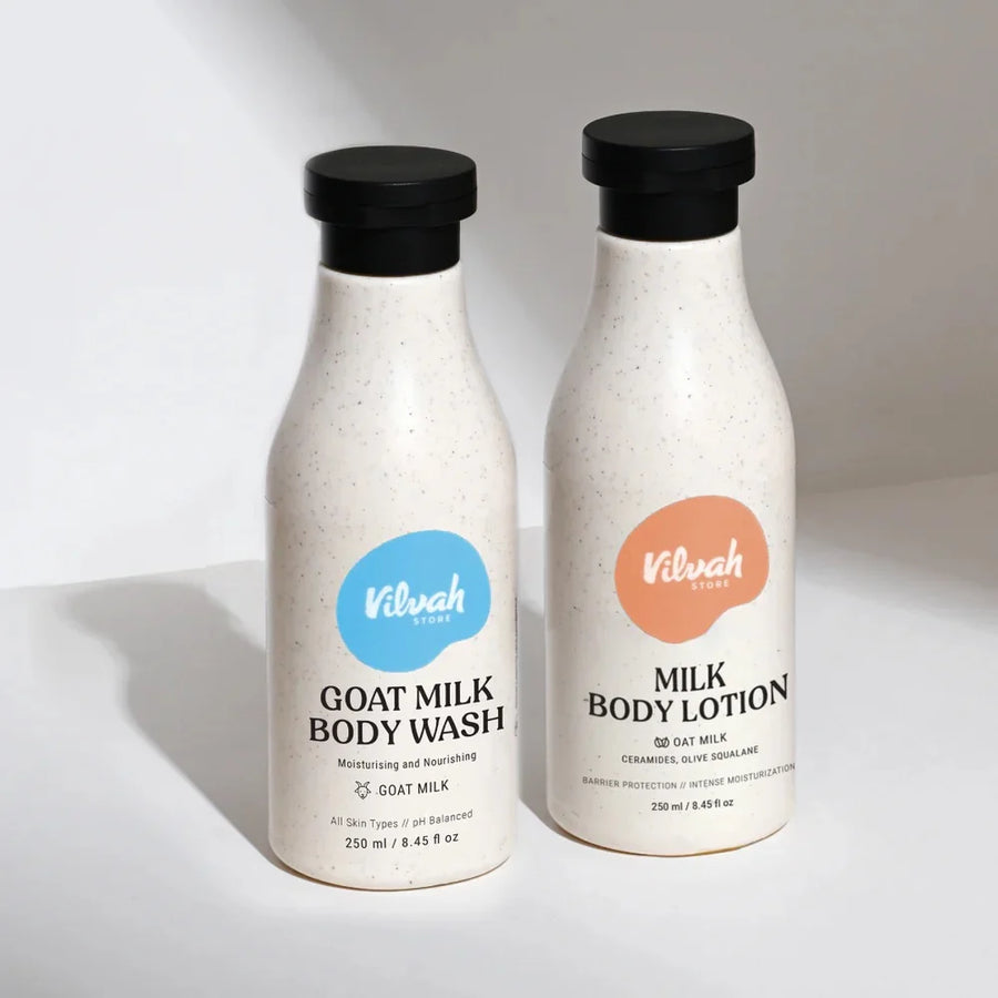 Vilvah Milk Body Kit – kit contents: Goat Milk Body Wash and Milk Body Lotion