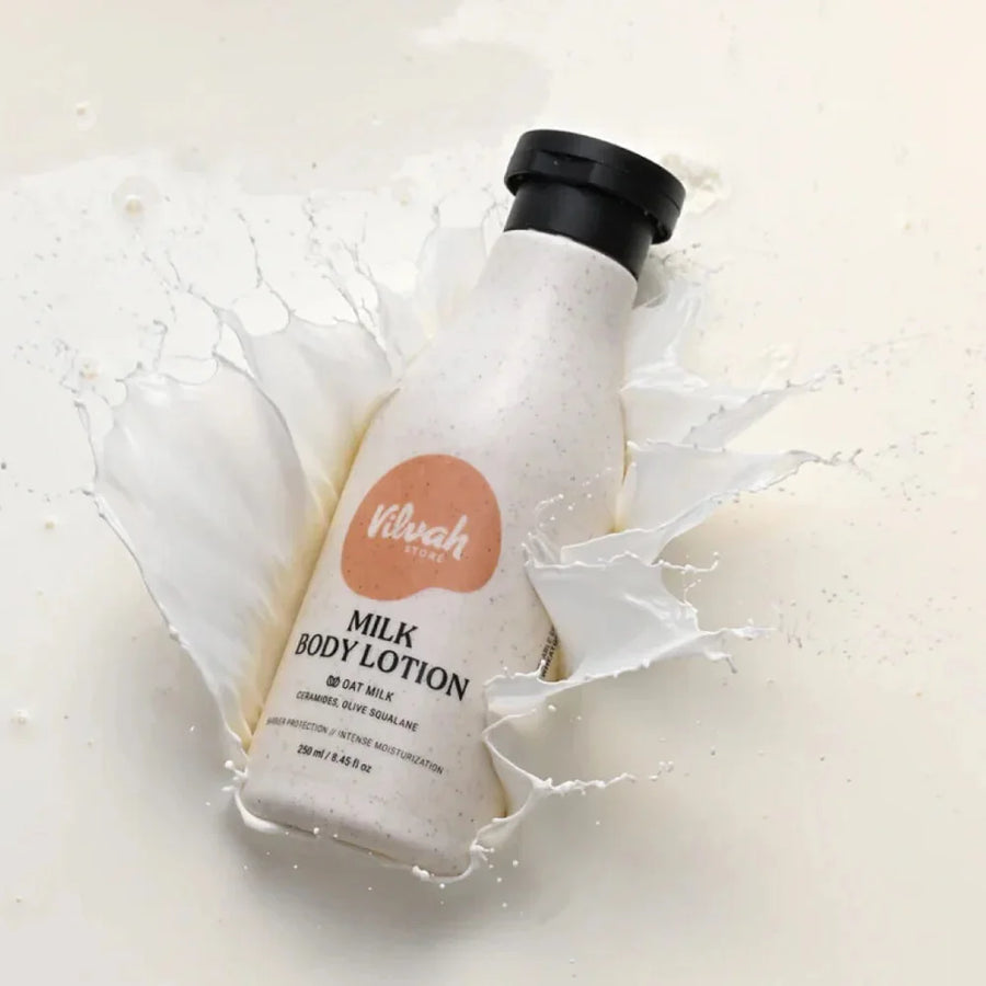 Vilvah Milk Body Lotion 250ml – bottle in a splash of milk