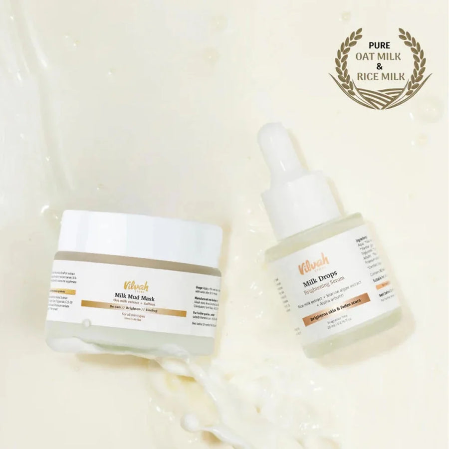 Vilvah Milk Face Kit – kit contents: Milk Mud Mask jar and Milk Drops serum in milk