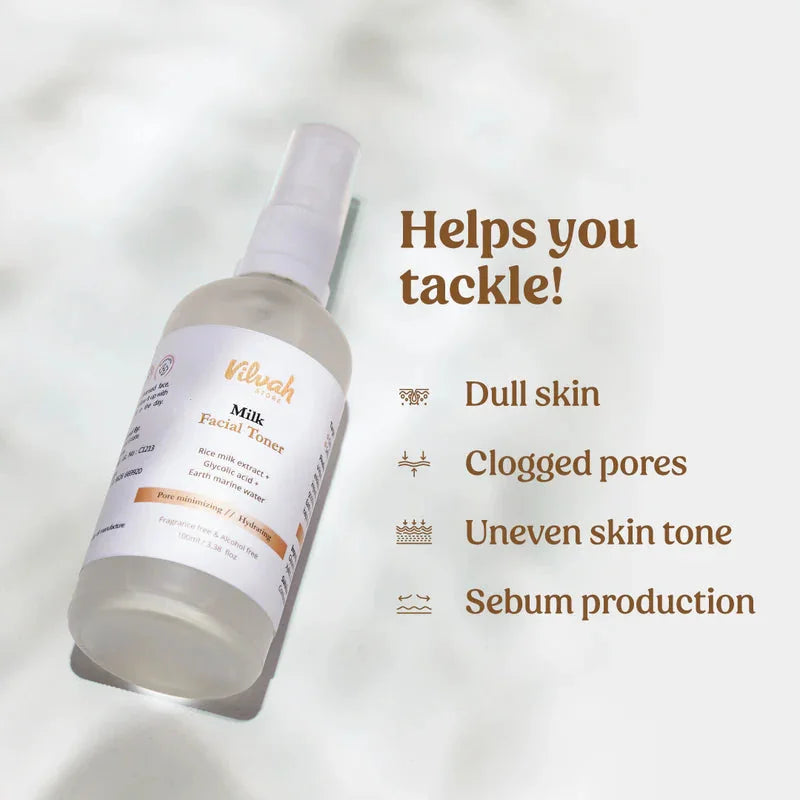 Vilvah Milk Face Toner 100ml – spray bottle with skin concerns list graphic