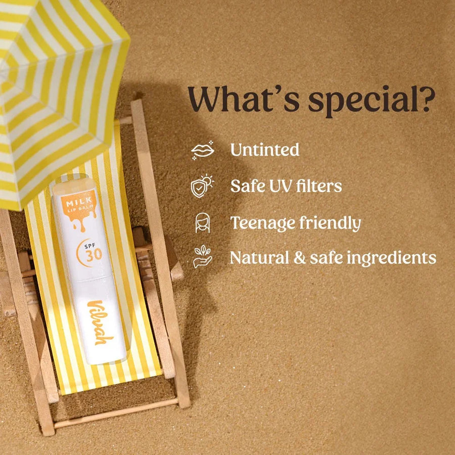 Vilvah Milk Lip Balm SPF 30 PA+++ – lip balm on a deckchair, key features: untinted, UV filters