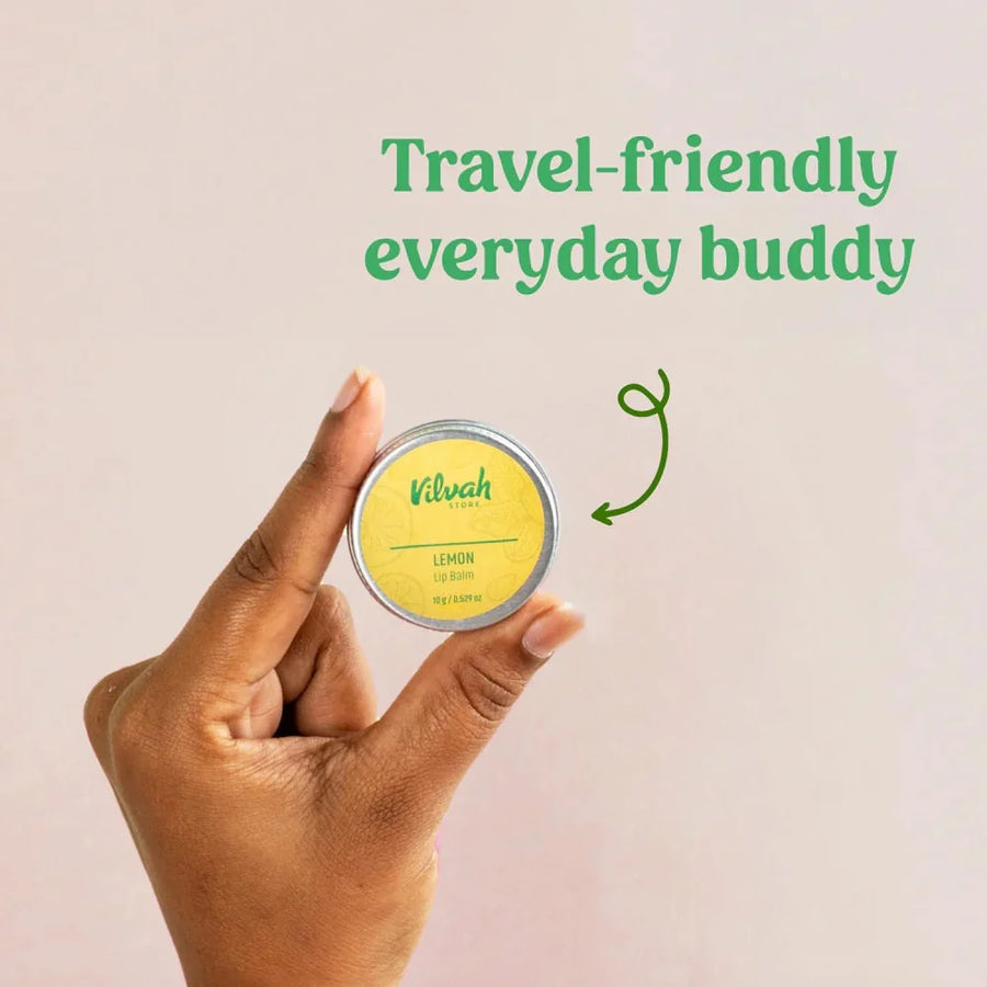 Vilvah Natural Lemon Lip Balm 10g – hand holding the tin, travel-friendly graphic