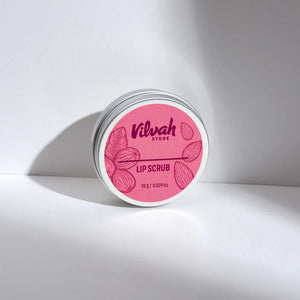 Vilvah Natural Lip Scrub 10 g – round pink tin of lip scrub on a white surface