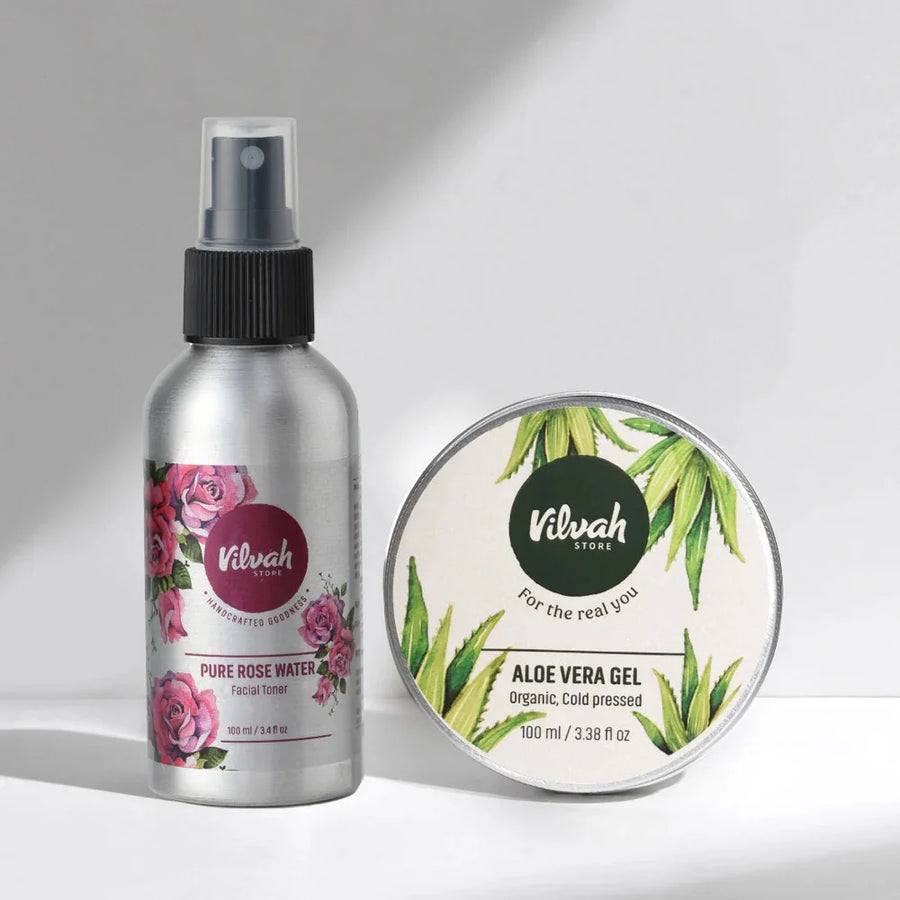 Vilvah Sensitive Skin Kit – kit contents: Pure Rose Water Facial Toner and Aloe Vera Gel