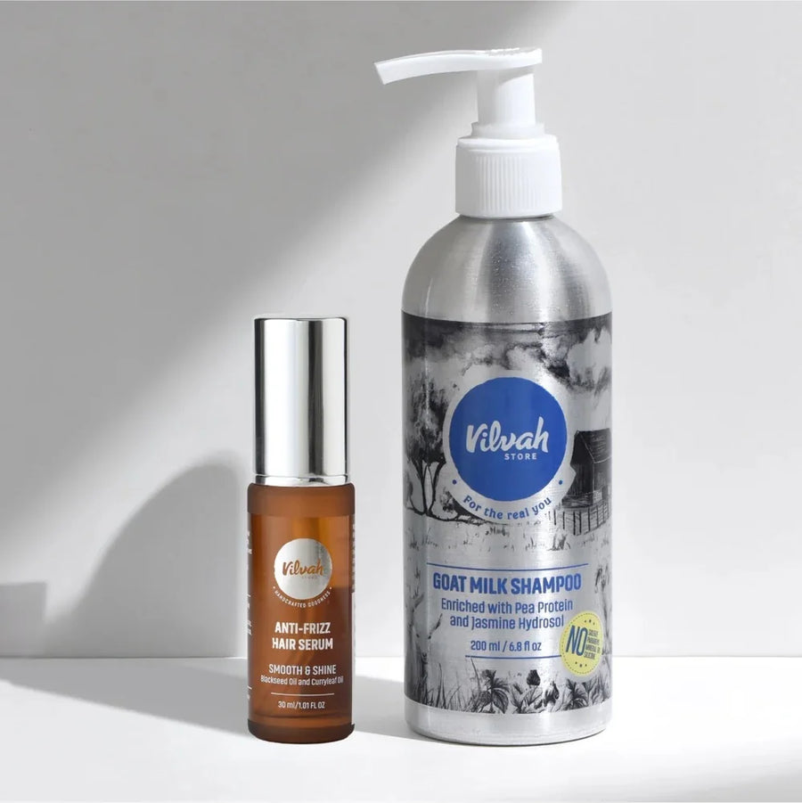 Vilvah Shampoo & Hair Serum Kit – kit contents: Goat Milk Shampoo and Anti-Frizz Hair Serum