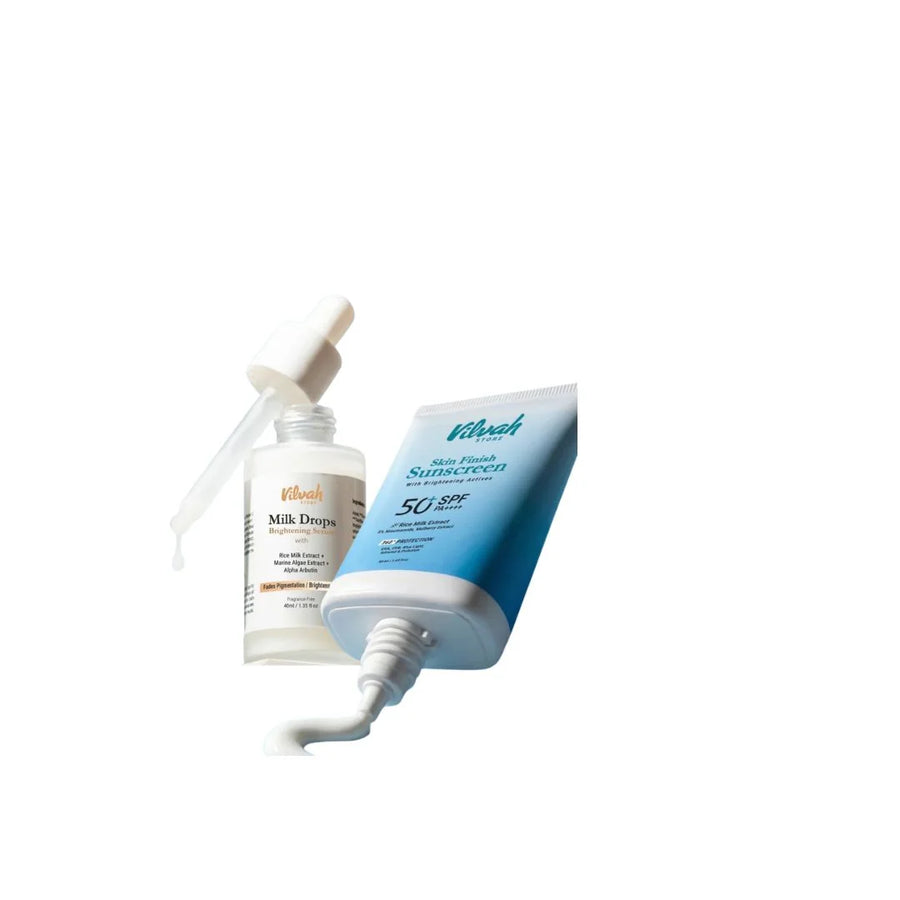 Vilvah Skin Brightening Kit – kit contents: Milk Drops serum and Skin Finish Sunscreen