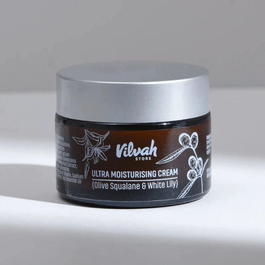 Vilvah Ultra Moisturising Cream 50ml – amber glass jar of ultra moisturising cream